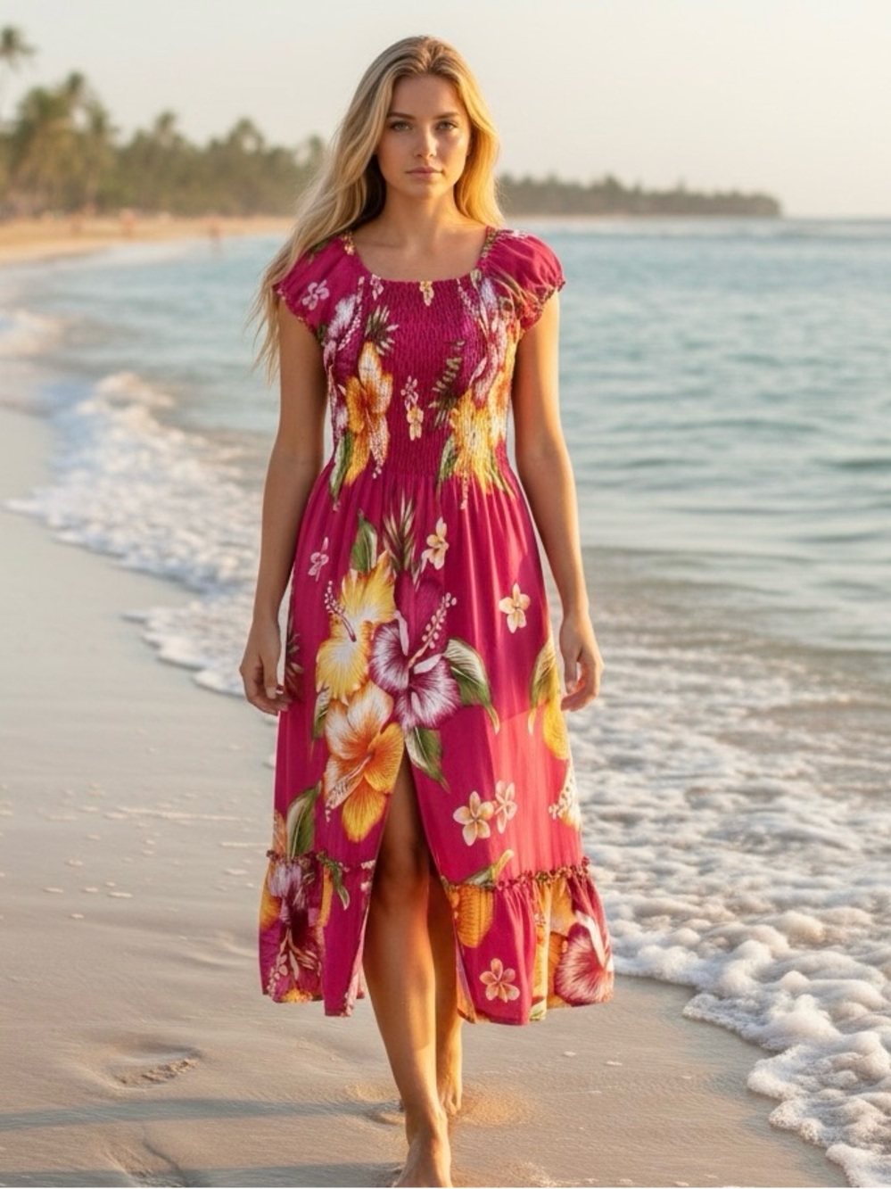 LOFT Tropical Hibiscus Floral Smocked Midi Dress Women S Magenta Pink Boho Vacay